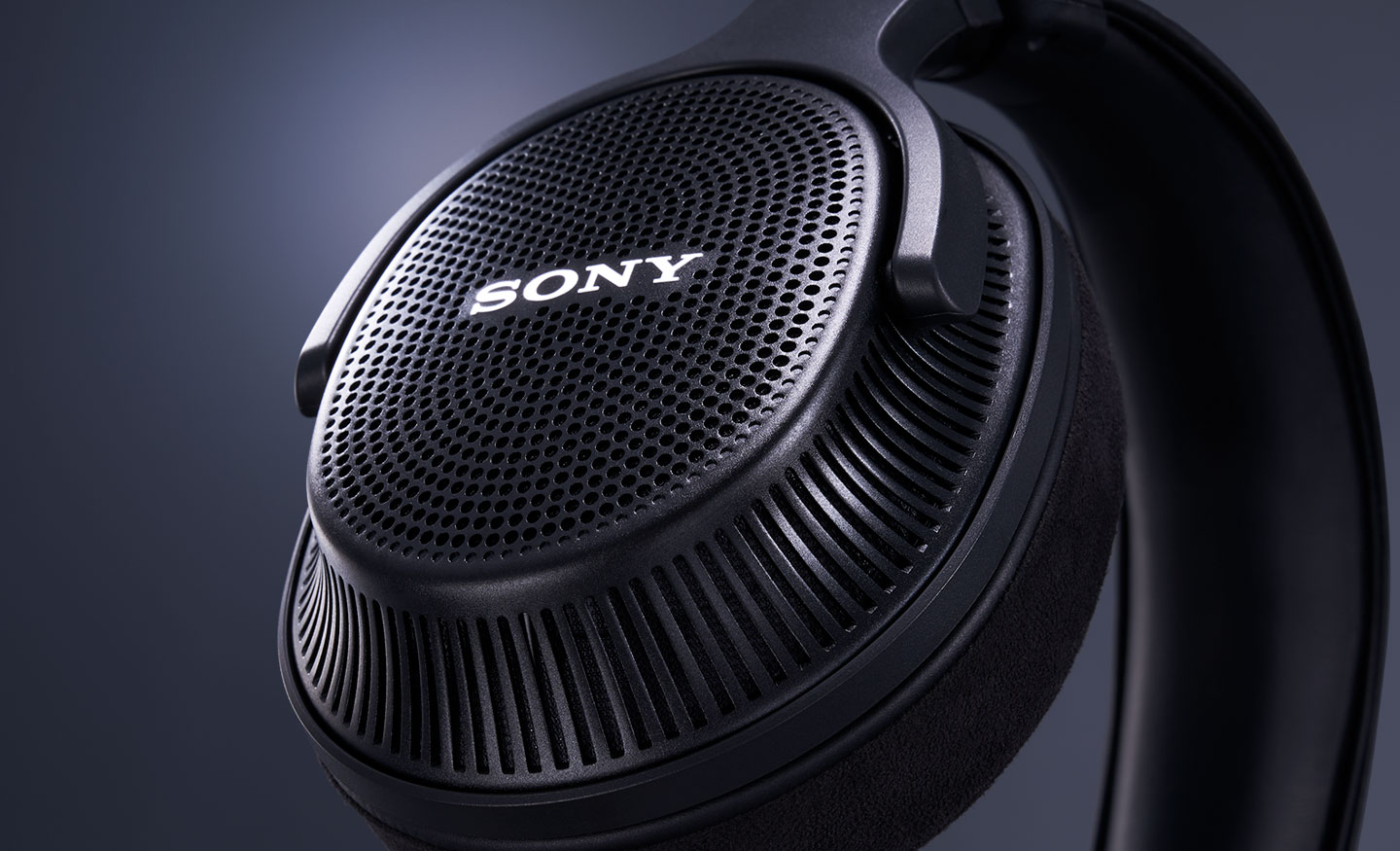  Close-up image of the back of one of the ear cups on the Sony MDR-MV1 Open Back Studio Monitor Headphones