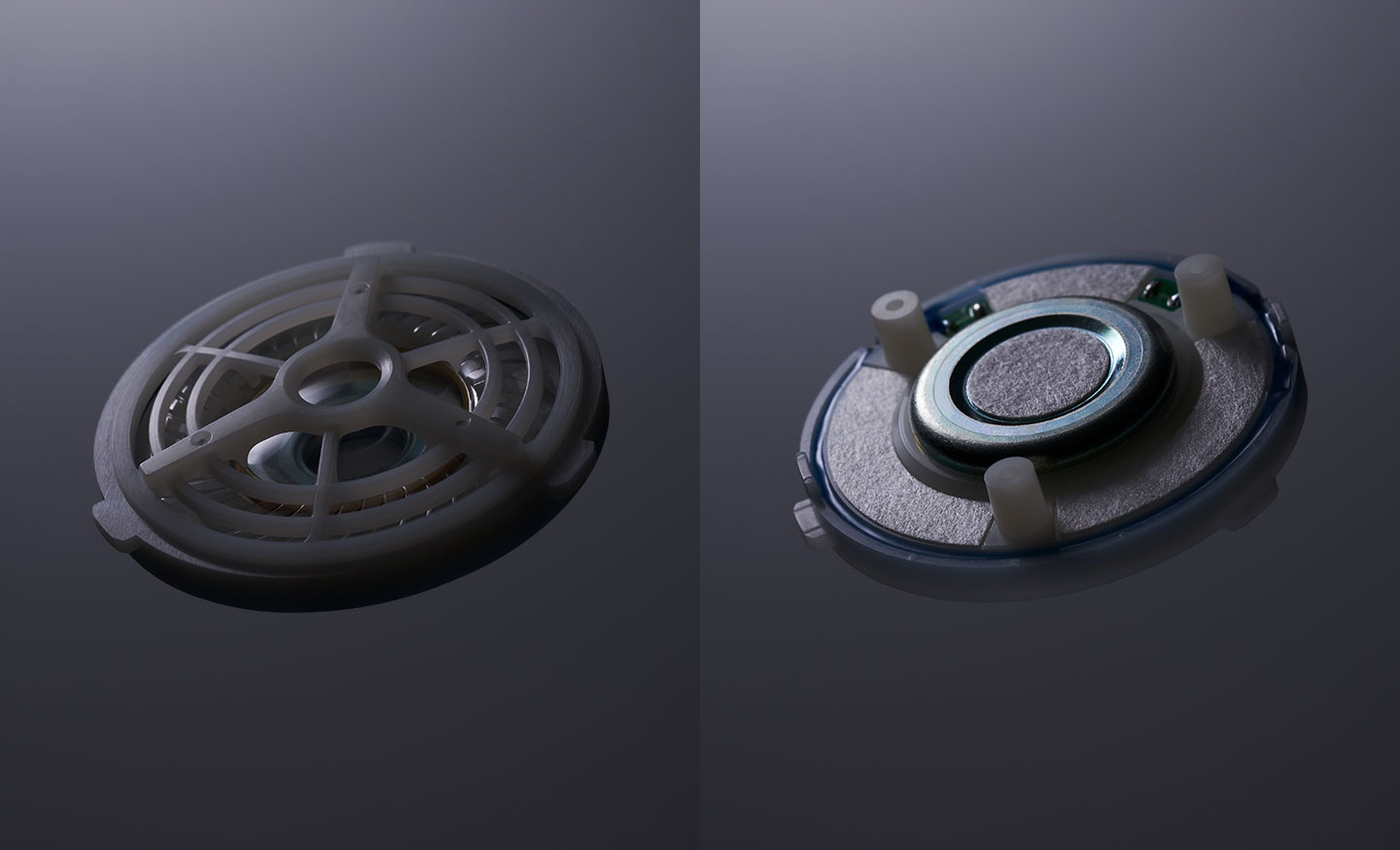  Two images of the internal diaphragm from the Sony MDR-MV1 Headphones, with a cover on the left and no cover on the right