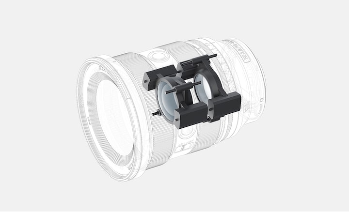 Diagram showing internal locations of actuators employed for the FE 16–35 mm F2.8 GM, with 4 groups and 2 elements