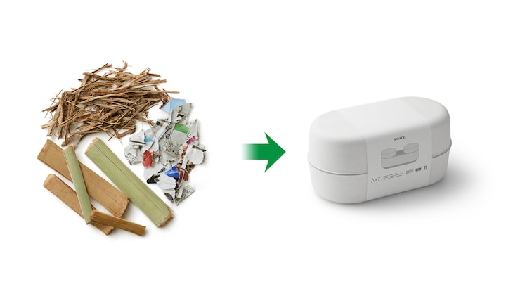 Image of natural packaging materials on the left and Sony's packaging on the right.