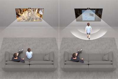 Split screen view with image on left showing two people on a sofa watching TV and image on right showing one of the people walking towards the TV with alert sounding