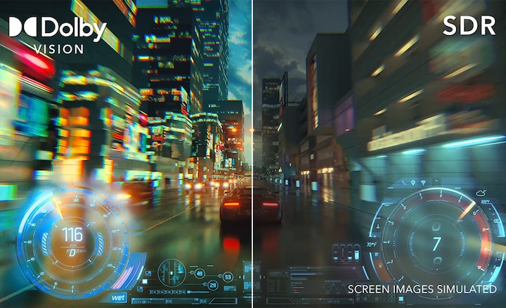 Split screen of a driving game showing Dolby Vision on the left and SDR on the right