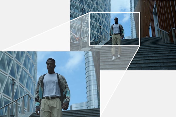 "Example cropped image of a man walking downstairs, next to the original full-body portrait image"