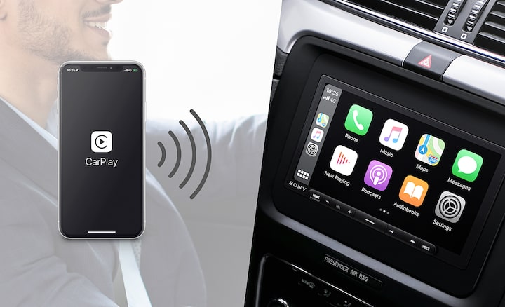 Image demonstrating the XAV-AX6000 17.6 cm (6.95) Digital Multimedia Receiver wireless smartphone conversion, with Apple CarPlay