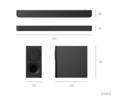 Front view of HT-S400 soundbar and wireless subwoofer with mm dimensions