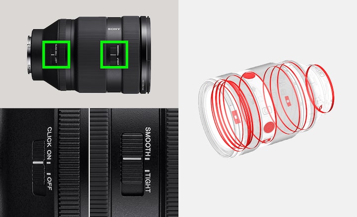 Top: product image showing overall and close-up right side views of the lens barrel, Bottom: illustration showing locations of dust- and moisture-resistant seals on the lens body