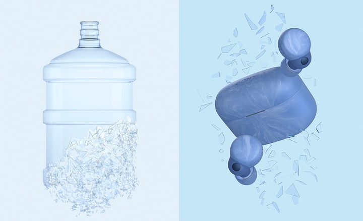 Image of a water bottle breaking down into tiny fragments of plastic, next to an image of LinkBuds S in Earth Blue, surrounded by plastic fragments