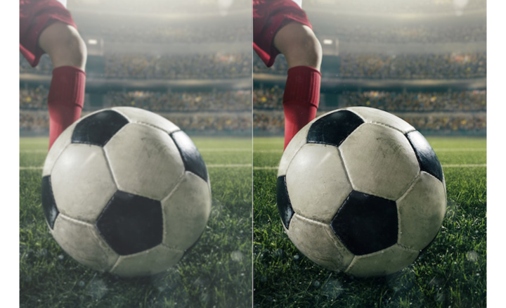 Two images comparing picture quality of a football on-pitch in front of a player's foot