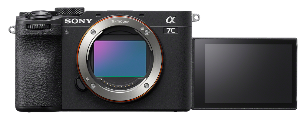 Image of the black camera front with LCD screen open