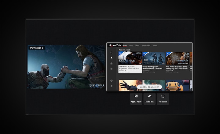 Screenshot showing Multi-View, with God of War Ragnarok on the left side and YouTube on the right