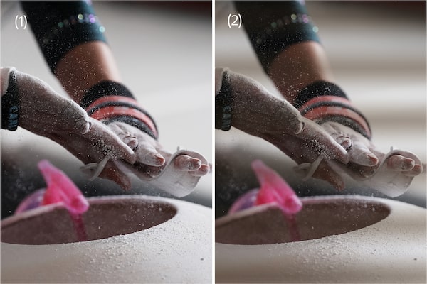 Example image of a gymnast's hands applying non-slip powder